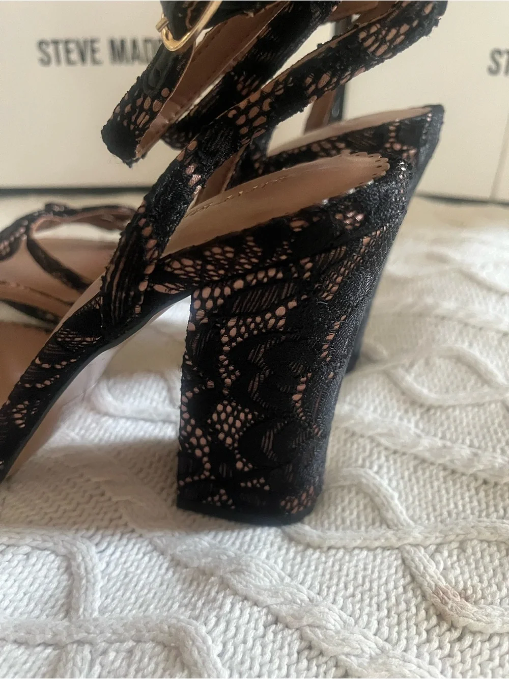Steve Madden Black Lace Ankle-Strap Block Heel Sandals Various Sizes